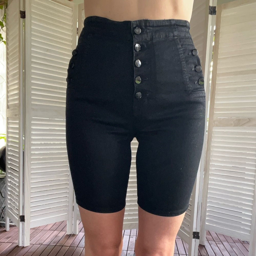 Black Cropped Long Shorts, 5-buttons, With shine/sparkle to the denim!